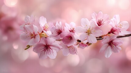 Obraz premium Delicate pink cherry blossoms in full bloom against a soft pastel background.