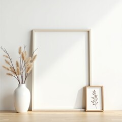 Frame mockup  a white vase with dried plants next to a large frame and a smaller framed picture on a wooden floor