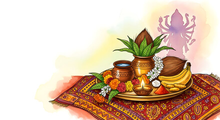 Cultural Celebration: A vibrant and intricately decorated plate laden with traditional offerings and items used in prayer, symbolizing cultural and spiritual devotion. 