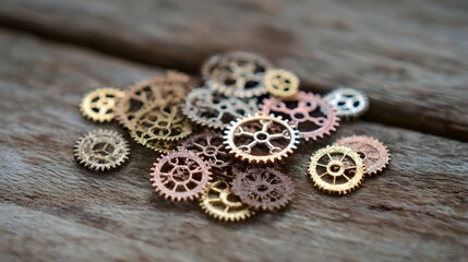 Assorted gears of varying metallic tones arranged on a wooden surface.