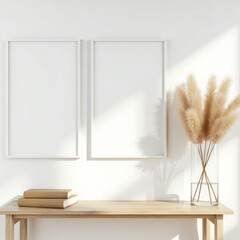 Frame mockup  two blank frames above books and vase with pampas grass on wooden table against white wall in sunlight
