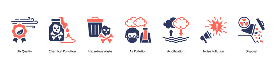 Chemical Pollution web banner icon vector illustration featuring Air Quality, Chemical Pollution, Hazardous Waste, Air Pollution, Acidification, Noise Pollution, and Disposal.