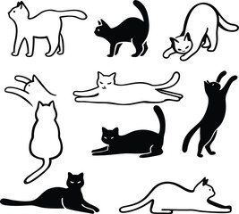 Collection of cat and dog animal silhouettes, including jumping cat and sitting cat illustrations