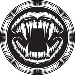A graphic design of a mouth with sharp teeth inside a circle with a patterned border in black and white