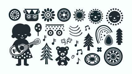 Illustration of a girl playing guitar with trees, suns, and other decorative elements around her