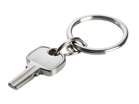 Silver metal key with a ring, isolated on transparent background