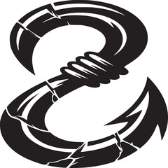 A stylized black and white illustration of a cracked fishing hook with a wrapped handle design element