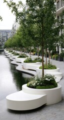 Fototapeta premium Urban park with white seating, water, and trees