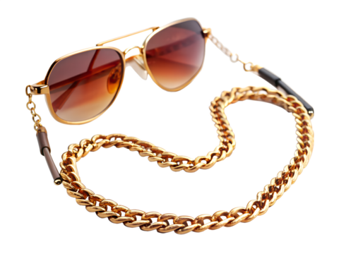 Gold aviator sunglasses with brown tinted lenses and a chain, isolated on transparent background