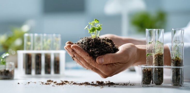 A small plant sits in soil held in hands, surrounded by test tubes in a lab setting