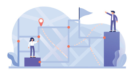 Fototapeta premium Illustration of two people on a map with a flag and a pin showing a path to a destination point