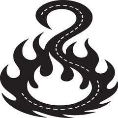 A black and white illustration of a road shaped like a flame on a white background isolated design