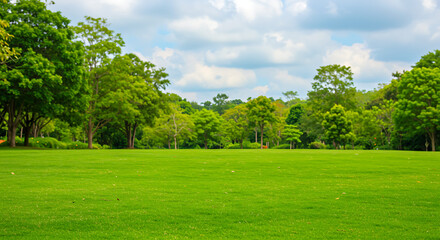 Obraz premium A wide-open, inviting space with a lush green lawn and an intricate background of green trees.