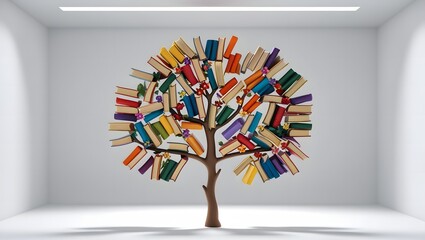 A unique tree sculpture made entirely of colorful books in a modern minimalist gallery space