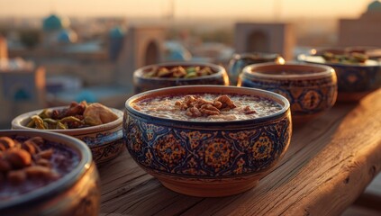 Bowls of food on a wooden surface, set against a backdrop of a city at sunset