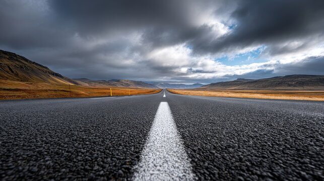 A long, empty road with a white line down the middle - Powered by Adobe