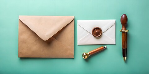 Photo of elegant brown and white envelopes with wax seal and calligraphy pen for classic correspondence and invitations on a teal background
