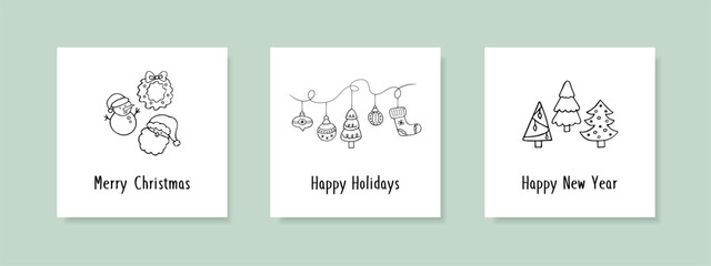 Set of three holiday greeting cards with hand drawn Christmas elements. Minimalistic holiday doodles.
