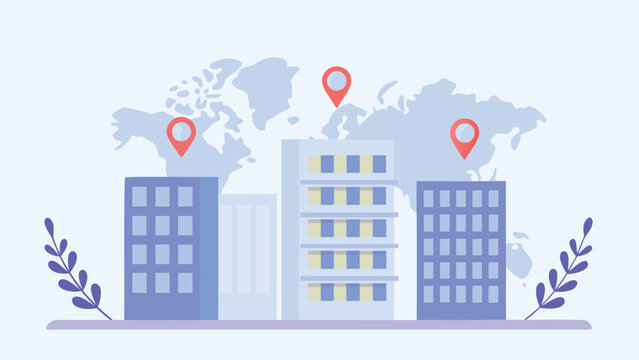 Buildings with world map backdrop and location pins indicating global business presence and expansion scope