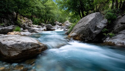 Obraz premium A river with a blue color and rocks in the background