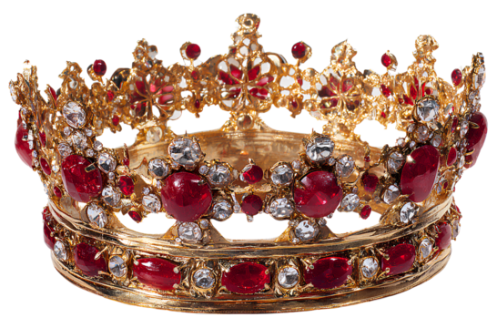Golden crown with red velvet, transparent background, in PNG format. Transparent background