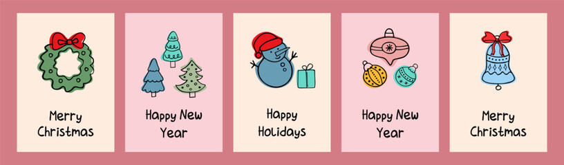 Set of five colorful hand drawn holiday cards with a variety of fun Christmas and New Year symbols to celebrate.