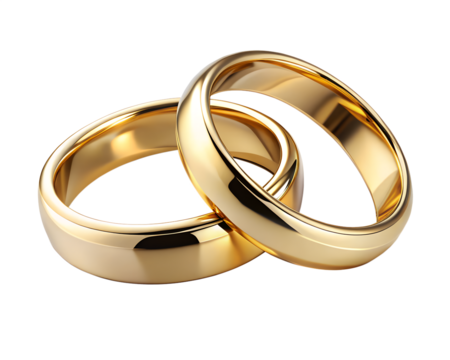Two gold wedding rings intertwined, symbolizing love and commitment, isolated on transparent background