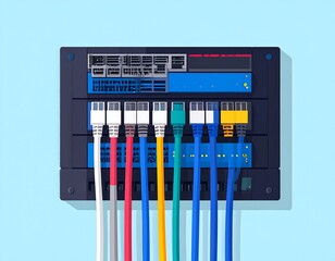 Network server with color-coded cables plugged into various ports