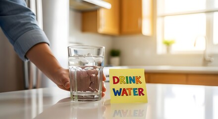 Person reaching for glass of ice water with reminder note, promoting healthy hydration habits