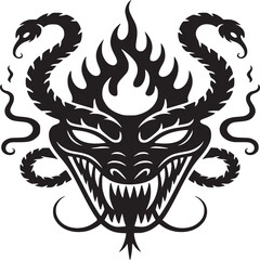 A black and white illustration of a dragon head with snakes and flames in the background design
