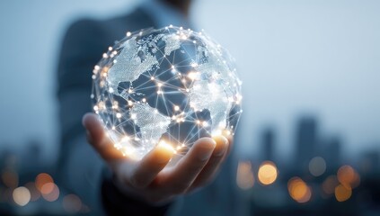 A hand holds a glowing, interconnected digital globe