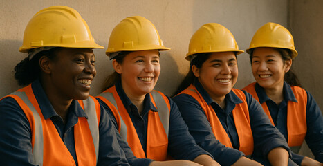 Editorial photo of a group of women in construction uniforms smiling and resting during break, shot at eye-level, warm tones.