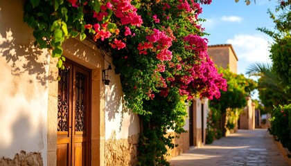 Sunlit alleyway with vibrant bougainvillea cascading over a building's facade