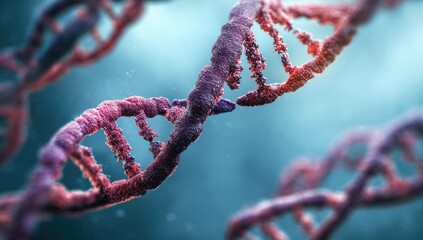 Close-up of DNA strands, vibrant purples and reds,  blurry teal background
