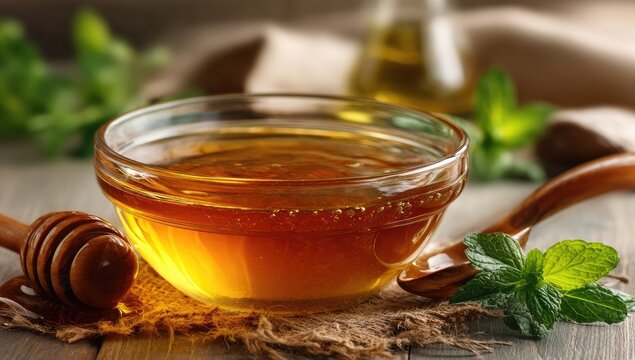 Honey in glass bowl, mint leaves, wooden spoon - Powered by Adobe
