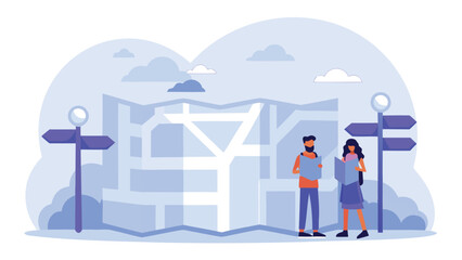 Fototapeta premium Couple navigating with maps by signpost against city map and cloud background illustration