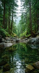 Obraz premium Tranquil forest stream reflecting lush trees