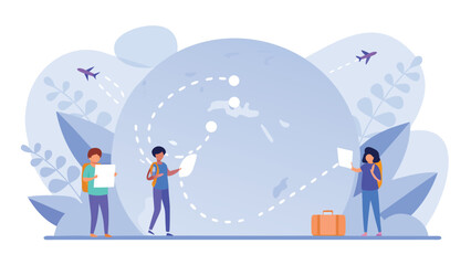 People planning travel routes with airplanes and suitcase on a world map background illustration