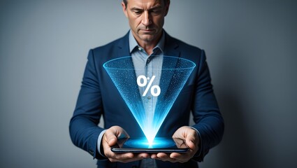 Businessman showing glowing zero percentage or 0 percent for special offer of shopping department store and discount concept. Interest rate, installment payment, promotion, marketing, boost sales