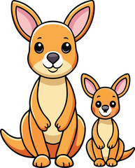 Cute cartoon kangaroo with joey sitting together, isolated on transparent background