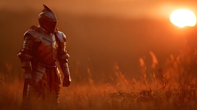 Knight in full plate armor at sunset.