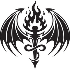 Detailed black and white tattoo design featuring wings flames and an infinity symbol on a white background
