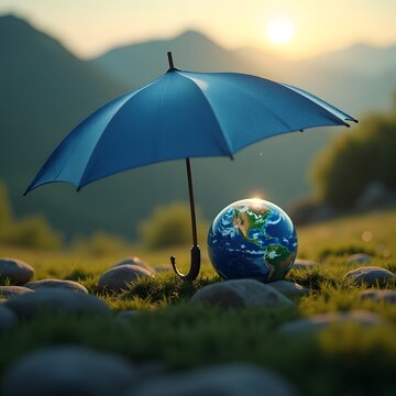 World Ozon Day - Earth Globe in Green Forest with Blue Umbrella -Environmental Protection Concept illustration 