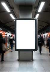 Blank vertical advertising billboard mockup on a busy subway platform with blurred commuters walking past a train.