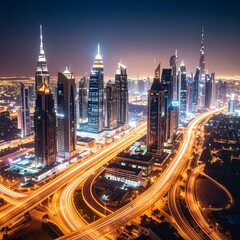 Fototapeta premium Night cityscape; illuminated skyscrapers and highways