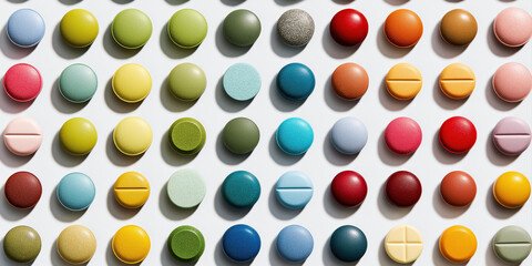 organized pattern of pharmaceutical pills and capsules sorted by color and shape, grid layout on white background