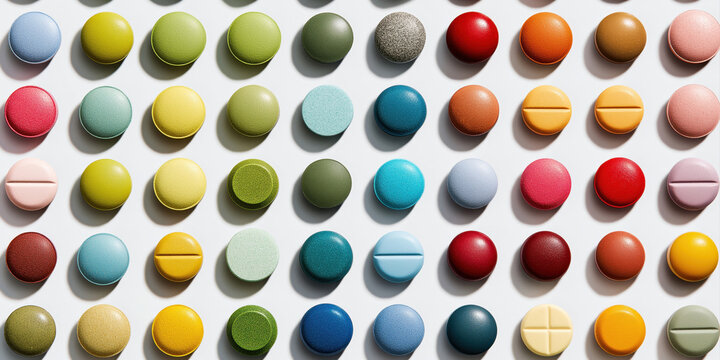 organized pattern of pharmaceutical pills and capsules sorted by color and shape, grid layout on white background