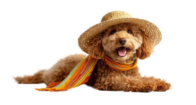 dog maltipoo poodle on transparent background in hat, summer concept