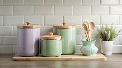 Kitchen countertop with pastel purple and green ceramic canisters, wooden lids, and utensils on a wooden board