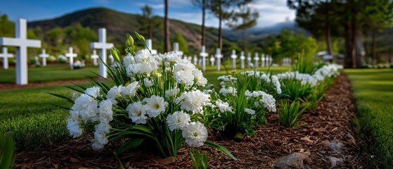 White crosses and flowers in a cemetery